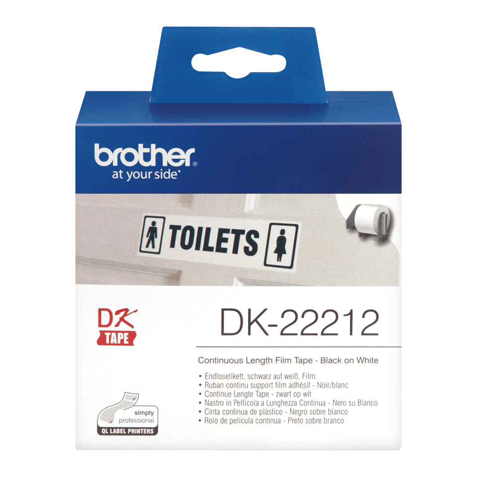 Original Brother DK22212 plastiktape i endeløs bane – sort på hvid, 62 mm. 2